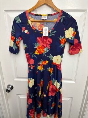 LuLaRoe Navy Floral Comfy Midi Dress w/Pockets with Red/Yellow Blooms, S